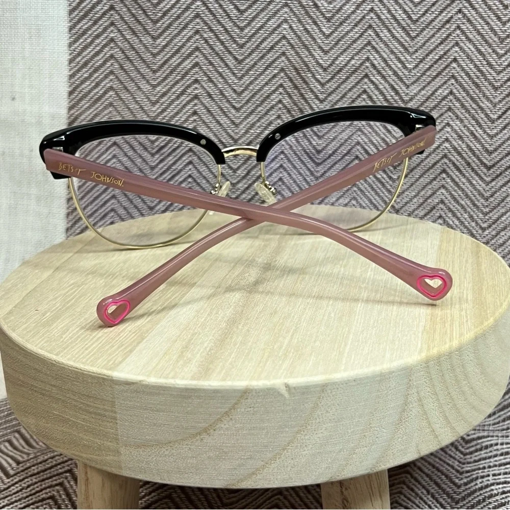 Betsey Johnson Black & White Striped Cat-Eye Glasses with Pink Case